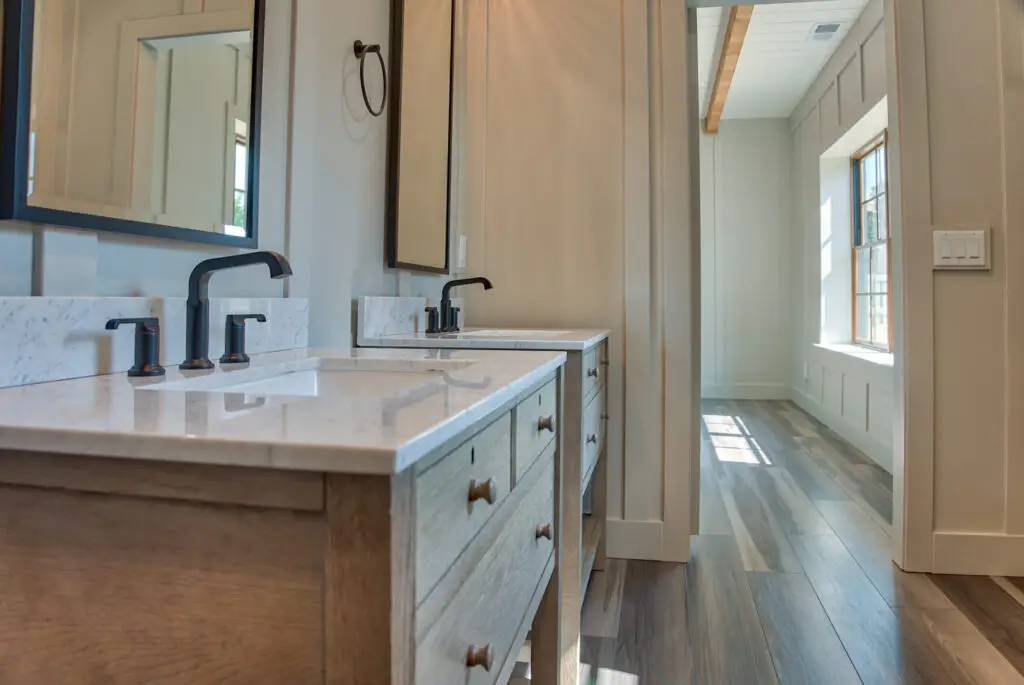 A Double Sink in the Master Bedroom Designed by Harvell Homes in Powell Wyoming